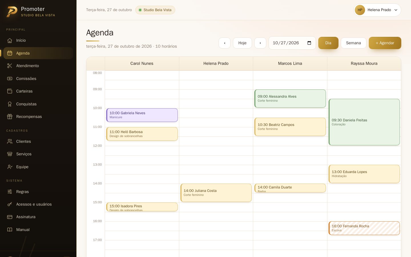 Agenda do dia com uma coluna por profissional