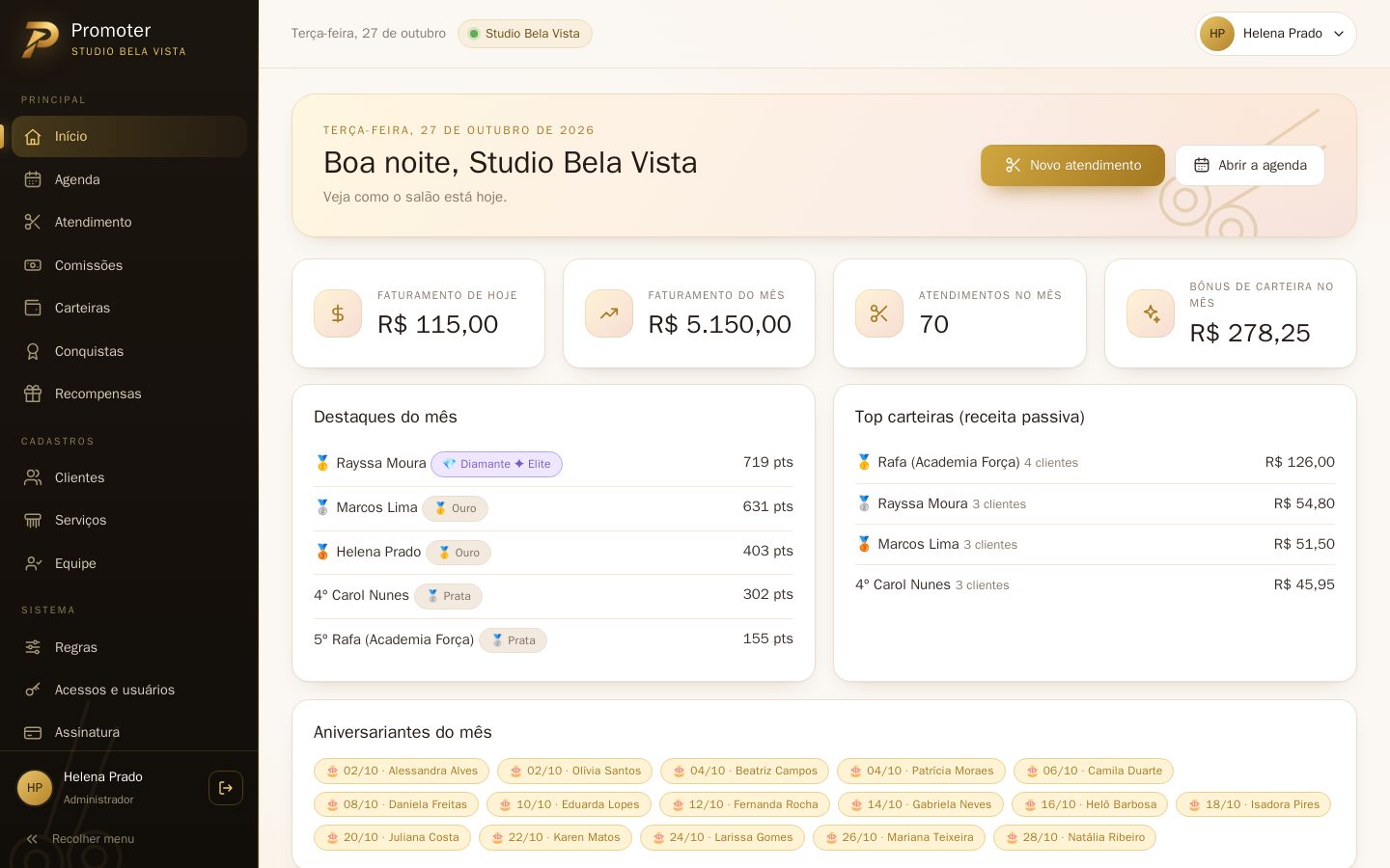 Painel inicial do Promoter com faturamento, destaques do mês e top carteiras